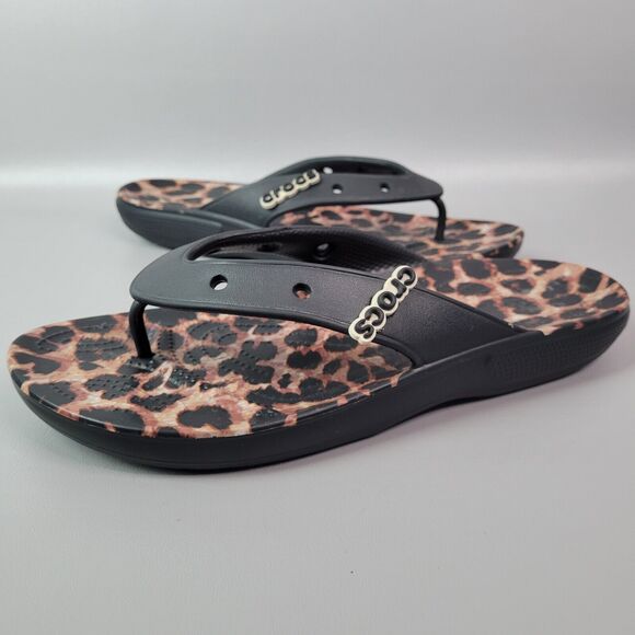 Crocs Classic Animal Remix Flip Flops Black Leopard Men's Size 12 Slide - Picture 1 of 7